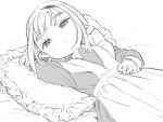  1girl apron dress frilled_pillow frills from_above greyscale hairband head_on_pillow kari_(kakko_k) looking_to_the_side lying maid_apron medium_hair monochrome on_back original pillow solo squinting 