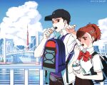  1boy 1girl backpack bag baseball_cap belt black_hair black_skirt blue_sky bow bowtie brown_hair building cityscape clouds cloudy_sky collared_shirt commentary_request dated earphones facial_hair food hair_ornament hairclip hand_up hat headphones headphones_around_neck high_ponytail highres holding holding_food ice_cream iori_junpei korean_commentary lcs_0209 open_clothes open_mouth open_shirt outdoors persona persona_3 persona_3_portable red_bow red_bowtie red_eyes shiomi_kotone shirt short_hair short_sleeves shoulder_bag skirt sky tokyo_tower twitter_username upper_body white_shirt 