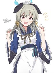  1girl animal_ears apron blue_archive blush breasts brown_eyes commentary_request dog_ears grey_hair hair_between_eyes hair_ornament highres long_sleeves looking_at_viewer maid medium_breasts shiroirosky solo translation_request umika_(blue_archive) wa_maid white_background 