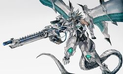  1boy bare_shoulders black_hair black_pants black_shirt blue_eyes dragon fudo_yusei fusion highres holding holding_weapon looking_to_the_side male_focus mecha mechanical_arms mechanical_hands mechanical_legs mechanical_tail mechanical_wings mokopuru pants railgun robot shirt sleeveless sleeveless_shirt tail weapon white_background wings yu-gi-oh! yu-gi-oh!_5d's 