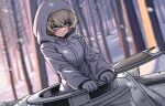  1girl absurdres blue_eyes closed_mouth coat commentary drawstring dutch_angle english_commentary forest frown girls_und_panzer gloves highres hood hood_up hooded_coat long_sleeves looking_to_the_side military_vehicle motor_vehicle nature pollertry short_hair snow solo tank tank_cupola white_coat white_gloves white_hair winter youko_(girls_und_panzer) 
