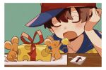  1boy baseball_bat baseball_cap black_hair cheese closed_eyes food haru-cho hat highres male_focus mother_(game) mother_2 mouse_(animal) ness_(mother_2) open_mouth ribbon-trimmed_bow shirt short_hair striped_clothes striped_shirt table 