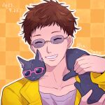  1boy alternate_costume black_cat brown_hair cat chiimako chipie_(gnosia) closed_mouth glasses gnosia grin looking_at_viewer short_hair simple_background smile upper_body 