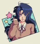  1980s_(style) 1girl blue_hair brown_cardigan cardigan closed_mouth commission dark_blue_hair english_commentary hair_ornament hairclip highres long_hair long_sleeves looking_at_viewer original pasuterucoco pink_lips red_ribbon retro_artstyle ribbon school_uniform simple_background smile solo star_(symbol) twirling_hair upper_body violet_eyes 