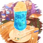  absurdres drink food food_focus highres ice_cream ice_cream_float indoors melon_soda no_humans original sauce spoon still_life table takisou_sou wooden_table 