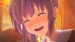  1girl absurdres blurry blurry_background blush chromatic_aberration close-up closed_eyes collarbone commentary_request crying hasu_no_sora_school_uniform highres indoors light_particles link!_like!_love_live! lone_nape_hair long_hair love_live! nose_blush open_mouth otomune_kozue purple_hair sad sailor_collar school_uniform seubchok side_ponytail sidelocks solo sunset teeth twitter_username virtual_youtuber white_sailor_collar winter_uniform 
