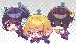  3boys aqua_eyes black_eyes black_gloves black_hair blonde_hair collared_shirt flailing gloves hagan_tw heterochromia high_ponytail highres hong_lu_(project_moon) limbus_company long_hair multiple_boys necktie open_mouth potato project_moon red_necktie shirt sinclair_(project_moon) very_long_hair white_shirt yellow_eyes yi_sang_(project_moon) 