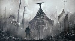  1other building cable clouds cloudy_sky commentary_request cover cover_page debris extra_arms fire flag full_body giant giant_monster highres horror_(theme) kohata_(kohatazuke) looking_at_creature monster monster_focus novel_cover original post-apocalypse power_lines size_difference skull sky utility_pole 