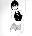  1girl arm_up bad_id bad_pixiv_id black_hair black_tank_top crop_top dende_(dndn222) glasses greyscale highres looking_at_viewer medium_bangs monochrome navel original scan scan_artifacts shorts solo standing stomach tank_top traditional_media 