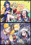  2girls 4boys ? ?? adaman_(pokemon) adaman_(special_costume)_(pokemon) akari_(pokemon) arceus backpack bag beret blonde_hair blue_eyes blue_hair blue_hoodie brown_eyes closed_eyes commentary_request confetti dated denim denim_shorts eyebrow_cut galaxy_expedition_team_survey_corps_uniform ginkgo_guild_uniform glasses grey_eyes hair_over_one_eye hat hood hoodie irida_(pokemon) irida_(special_costume)_(pokemon) jacq_(pokemon) midriff mixed-language_text multicolored_hair multiple_boys multiple_girls official_alternate_costume pokemon pokemon_(creature) pokemon_legends:_arceus pokemon_masters_ex pokemon_sv purple_hair ratowa red_scarf scarf shorts sweat two-tone_hair volo_(pokemon) 