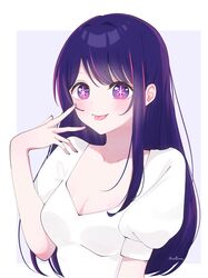  1girl :p blush breasts hair_between_eyes highres hoshino_ai_(oshi_no_ko) long_hair looking_at_viewer medium_breasts oshi_no_ko purple_hair shirt smile solo star-shaped_pupils star_(symbol) symbol-shaped_pupils tongue tongue_out violet_eyes watano_yuki white_shirt 