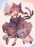  2girls :3 animal_ears bare_shoulders black_bow black_dress black_footwear bow braid cat_ears cat_girl cat_tail commentary dress full_body hair_bow halo highres hitodama kaenbyou_rin looking_at_viewer multiple_girls multiple_tails ratto_(mobilis_1870) red_eyes redhead side_braids tail touhou twin_braids two_tails zombie_fairy_(touhou) 
