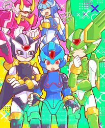  1girl 4boys absurdres android armor blue_armor blue_eyes blue_helmet bodysuit closed_eyes copy_x_(mega_man) cowboy_shot crossed_arms fairy_leviathan_(mega_man) fighting_fefnir_(mega_man) fins forehead_jewel green_armor green_eyes green_helmet head_fins helmet hidden_phantom_(mega_man) highres holographic_interface horns male_focus mega_man_(series) mega_man_zero_(series) meshiuma0x multiple_boys one_eye_closed purple_armor purple_helmet red_armor red_eyes red_helmet sage_harpuia_(mega_man) shoulder_armor spikes violet_eyes white_bodysuit winged_helmet 