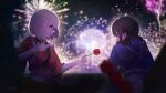  2girls absurdres aerial_fireworks artist_name black_hair blonde_hair blue_kimono blurry blush bob_cut candy_apple chinese_commentary closed_mouth commentary depth_of_field finger_gun fireworks food highres inoue_takina inverted_bob japanese_clothes kimono long_hair looking_at_another lycoris_recoil multiple_girls night nishikigi_chisato obi official_alternate_costume red_eyes red_kimono rnna sash short_hair short_sleeves sidelocks smile tasuki twintails violet_eyes 