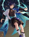  1boy absurdres black_bow black_hair black_shirt black_shorts blue_cape blue_eyes blunt_ends blurry blurry_background bow bridal_gauntlets cape clenched_hand collarbone commentary covered_collarbone energy english_commentary eyeshadow feet_out_of_frame floating genshin_impact grin hand_up highres jacket makeup male_focus niluhong no_headwear open_clothes open_jacket parted_lips pom_pom_(clothes) purple_sash raised_fist red_eyeshadow rope sash scaramouche_(genshin_impact) shirt short_hair short_sleeves shorts sleeveless sleeveless_shirt smile solo tassel v-shaped_eyebrows vision_(genshin_impact) wanderer_(genshin_impact) white_jacket wide_sleeves 