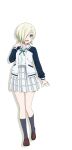  1girl black_sleeves black_socks blonde_hair brown_footwear collared_shirt full_body green_ribbon hair_over_one_eye jacket kneehighs loafers long_sleeves looking_at_viewer love_live! love_live!_nijigasaki_high_school_idol_club mia_taylor neck_ribbon nijigasaki_academy_school_uniform official_art one_eye_covered open_clothes open_jacket open_mouth plaid plaid_skirt pleated_skirt ribbon school_uniform shirt shoes short_hair skirt socks solo standing standing_on_one_leg transparent_background violet_eyes white_jacket white_shirt white_skirt winter_uniform 