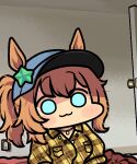  1girl :3 baseball_cap blue_eyes blue_hat blush_stickers brown_hair casual chibi commentary denim hat horse_girl jazz_jack jewelry looking_at_viewer pendant photo-referenced plaid plaid_shirt ponytail shirt solo star_ornament taiki_shuttle_(umamusume) umamusume upper_body wide_face yellow_shirt 