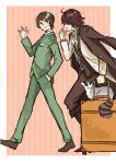  2boys ahoge animal black_hair black_jacket black_pants boots border brown_footwear brown_hair bungou_stray_dogs closed_mouth collared_shirt commentary_request edgar_allan_poe_(bungou_stray_dogs) green_jacket green_pants hand_in_pocket hand_up highres holding holding_suitcase jacket jacket_on_shoulders long_sleeves male_focus multiple_boys mushitarou_oguri_(bungou_stray_dogs) neckerchief norimizu open_mouth pants raccoon shirt shoes short_hair simple_background smile suit suitcase swept_bangs vest white_border white_neckerchief white_shirt yellow_eyes 