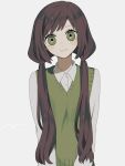  1girl blush_stickers brown_hair collared_shirt green_eyes highres long_hair long_sleeves looking_at_viewer low_twintails maco22 original shirt smile solo sweater_vest twintails very_long_hair 
