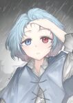  0rwk12s 1girl absurdres blue_capelet blue_eyes blue_hair capelet commentary cross-laced_clothes english_commentary heterochromia highres long_sleeves looking_at_viewer outdoors rain red_eyes solo tatara_kogasa touhou upper_body 