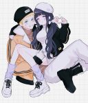  1boy 1girl alternate_costume alternate_hairstyle arm_around_shoulder bandaged_arm bandages black_footwear black_hat black_jacket blue_eyes blush boots breasts brown_sweater couple dress facial_mark facial_tattoo hat heart heart_hands heart_tattoo hetero highres hyuuga_hinata jacket large_breasts leg_warmers long_hair naruto:_the_last naruto_(series) open_clothes open_jacket orange_jacket pants shoes smile sweater sweater_dress tattoo ting twintails uzumaki_naruto violet_eyes whisker_markings white_footwear white_hat white_pants white_sweater 