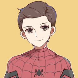 1boy animification black_eyes bodysuit brown_hair hair_behind_ear male_focus marvel marvel_cinematic_universe peter_parker portrait red_bodysuit smile solo spider-man spider_web_print tojo_haku yellow_background 