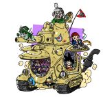  chrono_trigger crossed_arms dougi dr._slump dragon_ball dragon_quest fenyon flag goggles highres mechanical_arms motor_vehicle multiple_boys norimaki_arale open_mouth red_flag sand_land simple_background sitting slime_(dragon_quest) smoke son_gohan spiky_hair toriyama_akira_(character) white_background 