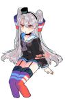  1girl amatsukaze_(kancolle) brown_dress brown_eyes commentary cropped_legs dress eto_(etonomemo1008) feet_out_of_frame garter_straps grey_hair grey_neckerchief hair_tubes hat invisible_chair kantai_collection lifebuoy_ornament long_hair mini_hat neckerchief red_thighhighs sailor_dress short_dress simple_background sitting smokestack_hair_ornament solo striped_clothes striped_thighhighs symbol-only_commentary thigh-highs two_side_up white_background 