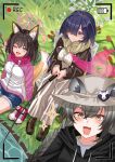  3girls absurdres animal_ears battery_indicator black_hoodie blue_archive blue_shorts blush boots breasts brown_footwear brown_hair closed_mouth day eighth_note fishing fishing_rod fox_ears fox_tail grey_hair hair_over_one_eye halo highres holding holding_fishing_rod hood hood_down hoodie izuna_(blue_archive) jacket large_breasts long_hair long_sleeves medium_breasts michiru_(blue_archive) multiple_girls musical_note ninjutsu_research_club_(blue_archive) one_eye_closed open_mouth outdoors pink_halo pink_scarf purple_hair purple_halo raccoon_ears recording rynn_(darknescorez) scarf short_hair shorts skirt smile sweater tail tsukuyo_(blue_archive) viewfinder violet_eyes white_jacket white_skirt white_sweater yellow_eyes 