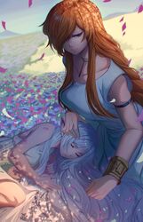  2girls absurdres aged_up arm_stake bare_arms blue_flower bracelet braid braided_ponytail breasts brown_hair closed_eyes closed_mouth collarbone commentary dappled_sunlight day dress elf eyebrows_hidden_by_hair falling_petals feet_out_of_frame field fingernails flamme_(sousou_no_frieren) flower flower_field frieren gold_choker grass green_eyes grey_hair hair_down hair_over_one_eye hair_spread_out headpat highres jesse_schickler jewelry lap_pillow large_breasts long_hair looking_at_viewer low_ponytail lying multiple_girls on_side one_eye_covered outdoors parted_lips petals pink_flower pointy_ears sidelocks sleeping sleeveless sleeveless_dress smile sousou_no_frieren sunlight thick_eyebrows tsurime very_long_hair white_dress 