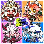  1boy 3girls absurdres animal_ear_fluff animal_ears blonde_hair blue_background blue_eyes braid bright_pupils calico cape cat_ears cat_girl cat_tail chibi commentary_request dragon_boy dragon_horns dragon_tail dress fang food fox_ears fox_girl fox_tail full_body furry furry_female highres horns japanese_clothes kitsune long_hair long_sleeves looking_at_viewer miko multiple_girls onigiri open_mouth orange_background original pink_background pink_hair pointy_ears purple_background red_dress red_eyes redhead saadiya74 skin_fang sleeves_past_fingers sleeves_past_wrists slit_pupils tail twin_braids white_hair yellow_eyes 