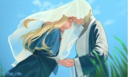  2girls blonde_hair blue_capelet blue_robe blue_sky capelet choker closed_eyes commentary_request dungeon_meshi elf falin_touden falin_touden_(tallman) grass green_eyes highres holding holding_hands hood hooded_capelet long_hair long_sleeves man_caki marcille_donato multiple_girls outdoors pointy_ears red_choker robe short_hair sky spanish_commentary twitter_username upper_body white_robe white_veil yuri 