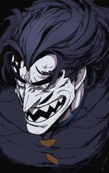  1boy aquiline_nose black_eyes black_hair blood blood_on_face colored_skin crazy_smile cropped_torso cuts desha_(ousama_ranking) facial_hair floating_hair grey_skin highres huge_eyebrows injury looking_ahead male_focus medium_hair mullet muscular muscular_male mustache ousama_ranking pencil_mustache portrait sanpaku sashimi_oran sharp_teeth smile solo teeth 