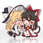  2girls animal_ear_fluff animal_ears apron ascot black_hair black_skirt black_vest blonde_hair blush bow braid cat_ears cat_tail closed_eyes commentary detached_sleeves dog_ears dog_tail frilled_bow frilled_hair_tubes frills hair_bow hair_tubes hakurei_reimu hat hat_bow highres hitte5416 holding_hands kemonomimi_mode kirisame_marisa long_hair multiple_girls one_eye_closed open_mouth red_bow red_eyes red_skirt reflective_floor shoes side_braid single_braid sitting skirt skirt_set smile socks tail touhou vest waist_apron white_apron white_bow white_socks witch_hat yellow_ascot 