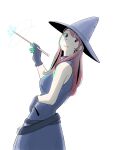  1girl belt blue_dress blue_gloves dress dutch_angle from_side gloves gogo_jolno hat highres holding holding_wand long_hair looking_at_viewer looking_to_the_side original pink_hair simple_background solo wand white_background witch witch_hat 