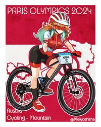  1girl 2024 2024_summer_olympics absurdres alternate_costume austrian_flag bicycle bicycle_helmet bike_jersey bike_shorts black_shorts black_socks border breasts character_name closed_mouth cycling_uniform earrings feather_earrings feathers gloves gradient_hair green_hair helmet highres hololive hololive_english jewelry kneehighs large_breasts long_hair meiyoshima mountain_bicycle multicolored_hair olympics orange_hair red-tinted_eyewear red_footwear red_gloves shoes short_sleeves shorts smile sneakers socks solo split_mouth sports_sunglasses sportswear sunglasses takanashi_kiara tinted_eyewear twitter_username two-tone_hair virtual_youtuber white_border 