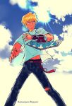  1boy artist_name backlighting belt blonde_hair blue_sky brown_eyes card clouds cloudy_sky commentary_request dated_commentary denim duel_disk hair_between_eyes jeans jewelry jonouchi_katsuya kemopoko25 looking_ahead male_focus navel necklace pants ring serious shirt short_hair sky solo standing sunlight t-shirt torn_clothes torn_jeans torn_pants wind wind_lift yu-gi-oh! yu-gi-oh!_duel_monsters 