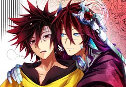  2boys blue_eyes brown_hair commentary_request einzig floral_background fusen_haru gradient_hair highres male_focus multicolored_hair multiple_boys no_game_no_life red_eyes redhead sora_(no_game_no_life) spoken_squiggle squiggle 