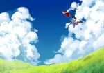  2girls ascot black_hair black_hat blonde_hair bow broom broom_riding clouds commentary_request day detached_sleeves dress flying frilled_bow frilled_hair_tubes frills from_below full_body gohei grass hair_bow hair_tubes hakurei_reimu hat hat_bow highres kirisame_marisa long_hair multiple_girls outdoors red_bow red_dress scenery skirt sleeveless sleeveless_dress touhou uzumibi white_bow white_skirt white_sleeves wide_shot witch_hat yellow_ascot 