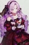  1gil bare_shoulders black_gloves bow collarbone cup dress gloves hair_bow hair_ribbon half-gloves highres holding holding_cup holding_saucer hyakumantenbara_salome long_hair looking_at_object nijisanji purple_hair red_dress ribbon saucer shionty solo teacup violet_eyes virtual_youtuber 