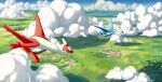  absurdres blue_wings clouds dragon fish.boy grass highres landscape latias latios looking_at_another midair no_humans pokemon pokemon_(creature) red_eyes red_wings sky smile tree village wings yellow_eyes 