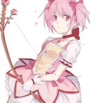 1girl artist_name axy_cang blurry bow bow_(weapon) choker depth_of_field dress dress_bow dutch_angle frilled_dress frills gloves hair_bow highres holding holding_bow_(weapon) holding_weapon kaname_madoka kaname_madoka_(magical_girl) looking_afar mahou_shoujo_madoka_magica mahou_shoujo_madoka_magica_(anime) parted_lips pink_bow pink_dress pink_eyes pink_hair puffy_short_sleeves puffy_sleeves red_choker short_sleeves short_twintails simple_background solo soul_gem standing twintails two-tone_dress weapon white_background white_dress white_gloves 