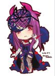  1girl chibi chizuru752830fe fascinator fire_emblem fire_emblem_engage fishnet_thighhighs fishnets flower flower_brooch highres ivy_(fire_emblem) mole mole_under_mouth purple_hair rose see-through_headwear solo spiked thigh-highs thorn_print 