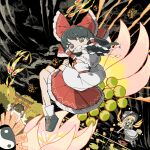  2girls black_hair black_hat black_skirt black_sky black_vest blonde_hair bow broom broom_riding brown_eyes clouds covered_mouth detached_sleeves flying frilled_bow frilled_skirt frills from_side full_body gohei hair_bow hair_tubes hakurei_reimu hakurei_shrine hat highres holding holding_gohei kirisame_marisa long_hair long_sleeves looking_at_viewer looking_to_the_side multiple_girls neruzou ofuda orb red_bow red_skirt skirt sky socks touhou vest water_lily_flower white_sleeves white_socks wide_sleeves witch witch_hat yin_yang yin_yang_orb 