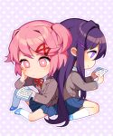  2girls back-to-back blazer blue_footwear blue_skirt bright_pupils brown_vest buttons chibi closed_mouth collared_jacket collared_shirt commentary doki_doki_literature_club elbow_on_knee english_commentary eyelashes full_body grey_jacket hair_ornament hair_ribbon hairclip hand_on_own_cheek hand_on_own_face heart heart_background holding holding_paper jacket kneehighs lapels layered_sleeves light_blush light_frown light_smile long_hair long_sleeves mary_janes miniskirt multiple_girls natsuki_(doki_doki_literature_club) neck_ribbon notched_lapels one_side_up outline paper paper_stack pink_eyes pink_hair pleated_skirt pocket purple_background purple_hair reading red_ribbon ribbon satchely school_uniform shirt shoes short_hair simple_background sitting skirt socks thinking tress_ribbon very_long_hair vest violet_eyes wariza white_outline white_pupils white_shirt white_socks yuri_(doki_doki_literature_club) 