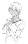  1boy apron collarbone commentary commentary_request dark_skin finger_to_mouth hair_between_eyes hand_on_own_arm hands_up hayama_akira lineart looking_at_viewer male_focus monochrome shirt shokugeki_no_souma short_hair shushing signature smile solo upper_body white_background zekkyou_(h9s9) 