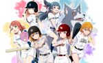  6+girls aqua_eyes baseball baseball_bat baseball_helmet baseball_jersey baseball_mitt baseball_uniform blue_eyes blue_hair brown_eyes chiba_lotte_marines dog earrings fangs feather_hair_ornament feathers fukuoka_softbank_hawks genjitsu_no_yohane hair_bun hair_ornament hair_ribbon heart heart_earrings helmet highres hinoshita_kaho hokkaido_nippon-ham_fighters jersey jewelry kosaka_honoka lailaps_(genjitsu_no_yohane) link!_like!_love_live! long_hair love_live! love_live!_nijigasaki_high_school_idol_club love_live!_school_idol_project love_live!_sunshine!! love_live!_superstar!! multiple_girls nippon_professional_baseball official_art open_mouth orange_hair orix_buffaloes pink_eyes pointing pointing_forward redhead ribbon saitama_seibu_lions shibuya_kanon single_side_bun smile smirk sportswear takami_chika touhoku_rakuten_golden_eagles tsushima_yoshiko two-tone_fur uehara_ayumu violet_eyes yellow_eyes yohane_(genjitsu_no_yohane) 