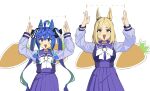 2girls @_@ ahoge animal_ears aqua_hair arms_up blonde_hair blue_eyes blue_hair blush bow bowtie carrot chestnut_mouth commentary_request crossed_bangs dotted_line ear_covers ear_ornament facing_viewer hair_bow heterochromia highres horse_ears horse_girl long_hair long_sleeves looking_at_viewer makasero measuring medium_hair multicolored_hair multiple_girls narita_top_road_(umamusume) open_mouth pakatube parted_bangs pleated_skirt purple_sailor_collar purple_shirt purple_skirt sailor_collar school_uniform sharp_teeth shirt sidelocks single_ear_cover skirt striped_bow teeth tracen_school_uniform twin_turbo_(umamusume) twintails two-tone_hair umamusume upper_body upper_teeth_only v-shaped_eyebrows very_long_hair violet_eyes white_background white_bow white_bowtie yellow_eyes 