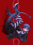  1boy bishounen black_gloves boots candy character_request copyright_request demon_boy demon_tail eyepatch falling food full_body gloves highres lollipop male_focus one_eye_covered red_background red_eyes simple_background solo striped_clothes striped_thighhighs tail thigh-highs yu_ki_koo 