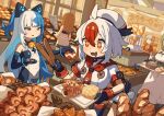  +_+ 1boy 4girls animal_ears baguette bell beret black_gloves blue_eyes blue_hair blush bread breasts brown_hair buttons cat_ears drooling elbow_gloves flat_chest food gloves greentanuki hair_between_eyes hat holding holding_tray holding_wallet indoors jingle_bell large_breasts long_hair melon_bread mono_(greentanuki) mouth_drool multicolored_hair multiple_girls neck_bell nina_(greentanuki) open_mouth original redhead sausage shirt short_hair short_sleeves smile tray two-tone_hair wallet white_hair white_hat white_shirt 